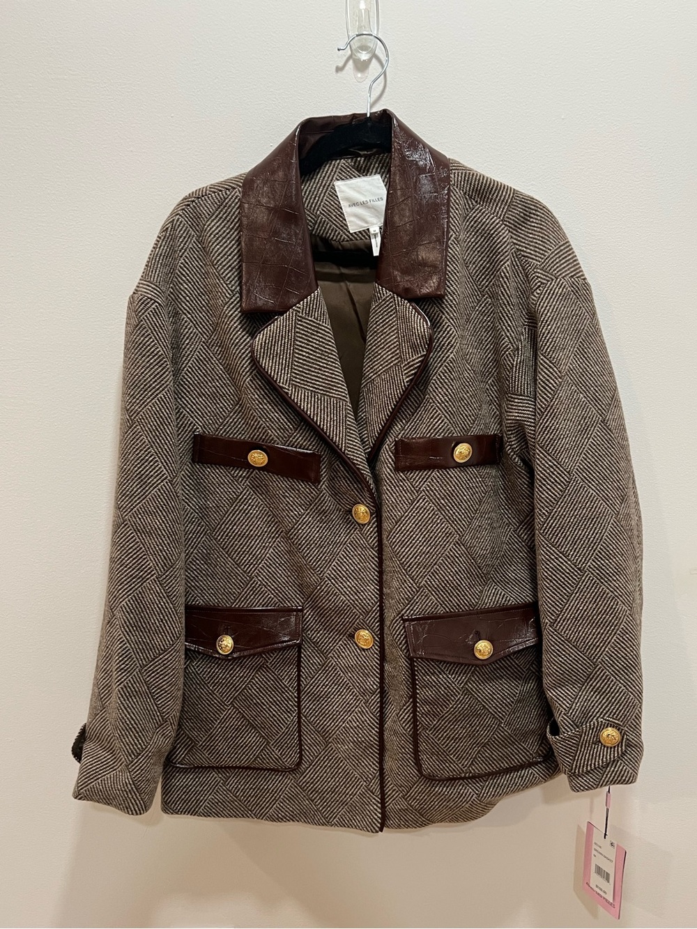 Avec Les Filles Brown Herringbone Wool-Blend Blazer with Dark Brown Leather Trim